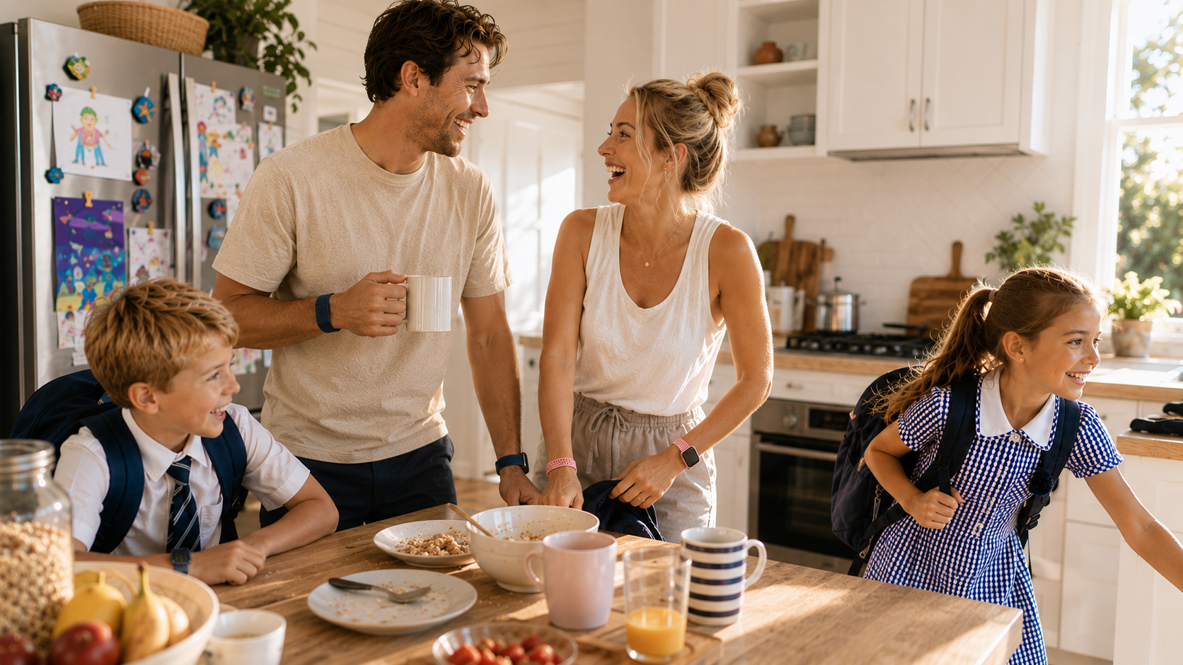 A family sharing a busy morning in the kitchen before school and work